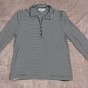 Loft Womens Black/White Striped Ribbed Long Sleeve Polo Top